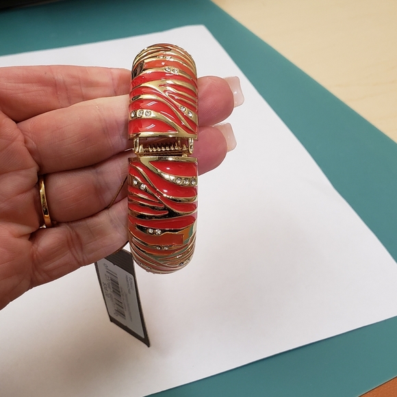 Tommy Bahama, orange zebra palm enamel jeweled clamper bangle bracelet NWT - Picture 8 of 13